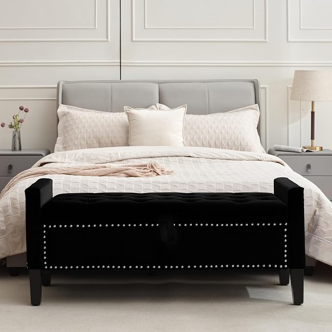 Velvet Storage Ottoman Bench, 46'' Upholstered Button Tufted End of Bed Bench, Modern Entryway Ottoman with Arms, Black