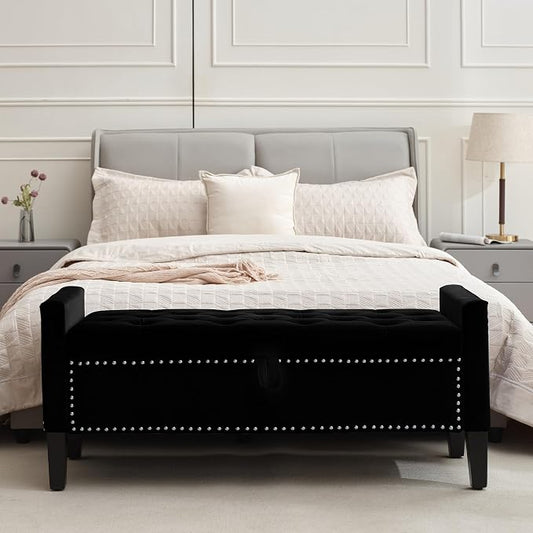 Velvet Storage Ottoman Bench, 46'' Upholstered Button Tufted End of Bed Bench, Modern Entryway Ottoman with Arms, Black