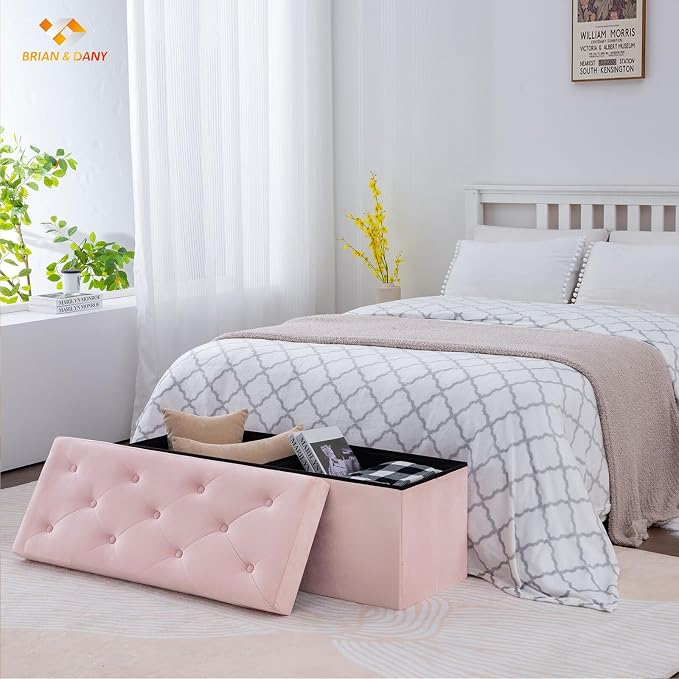 BRIAN & DANY 43 Inches Folding Storage Ottoman Bench, Velvet Ottoman with Storage for Living Room, Bedroom, Entryway, Ottoman Foot Rest, End of Bed Bench (Pink)