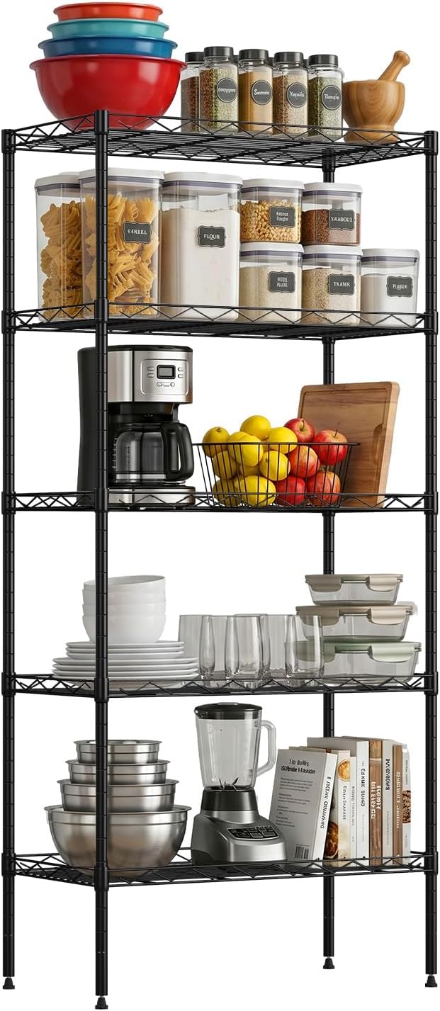 FDW 5 Tier 22L x 12W x 48H Pantry Shelves Adjustable Storage Rack Metal Shelf NSF Shelving Units for Kitchen Garage Small Places Commercial,Black
