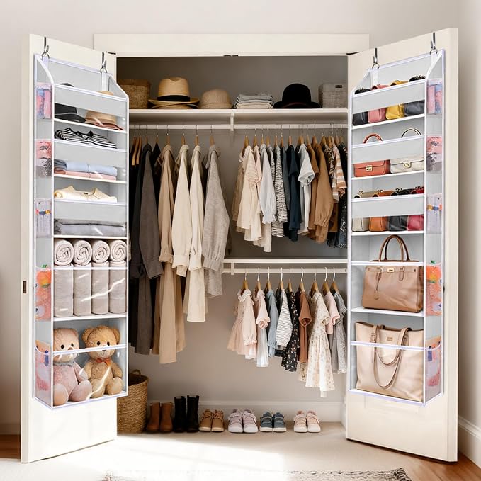5 Tiers Over Door Organizer with 10 Mesh Side Pockets, 44 lbs Weight Capacity Hanging Storage Organizer with Clear Window Kids Toys, Shoes, Diapers, Light Gray