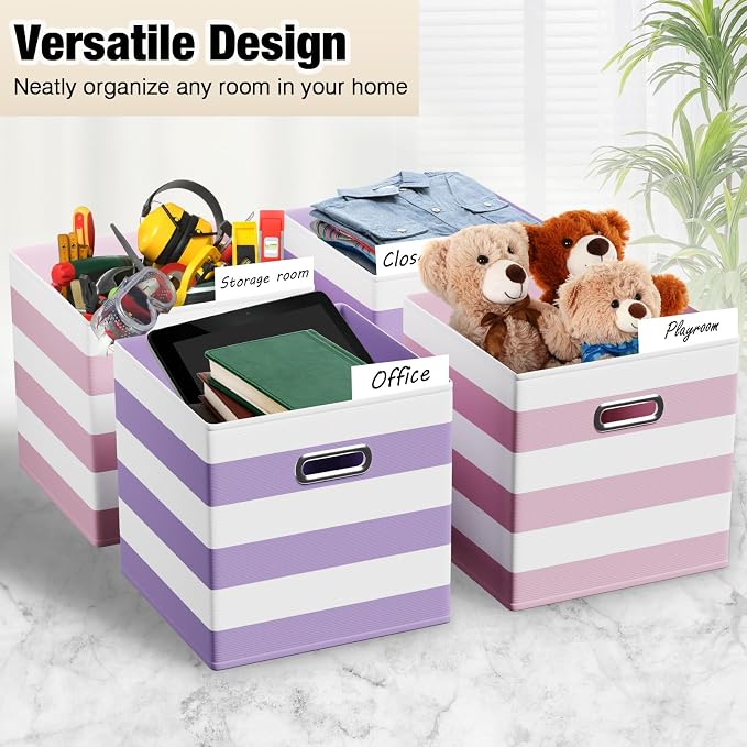 CroBlissful 11 Inch 6 Pack Fabric Storage Cubes with Metal Handles, Back to School Collapsible Organizer Bins for Classroom, Closet, Student Room, Toys and School Supplies (Purple and Pink)