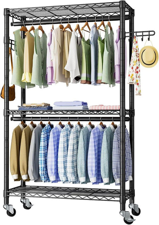 Golpart Heavy Duty Rolling Clothes Rack Wheels Portable Metal Garment Rack | Wardrobe Adjustable Wire Shelving Metal Double Clothing Racks for Hanging Clothes Organizer Closet Laundry Room Organization