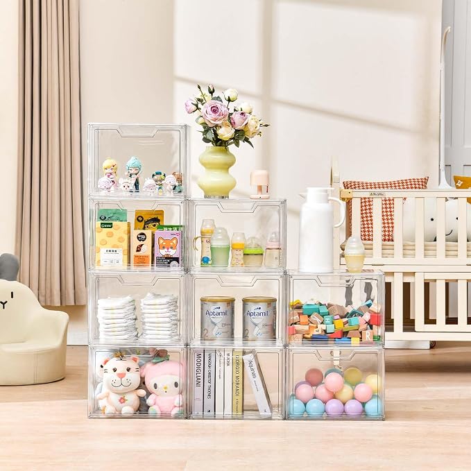 Freebat Stackable Storage Organizers, Clear Acrylic Display Case, 9-Pack Acrylic Boxes with Lids, Clear Storage Containers Storage for Handbags, Collectibles & Figures
