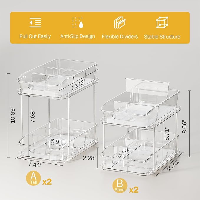 Delamu 2-Tier Under Sink Organizers and Storage, Multi-Purpose Stackable Bathroom Cabinet organizers, Pull Out Kitchen Pantry Organization and Storage with Dividers(4 Pack, Clear)