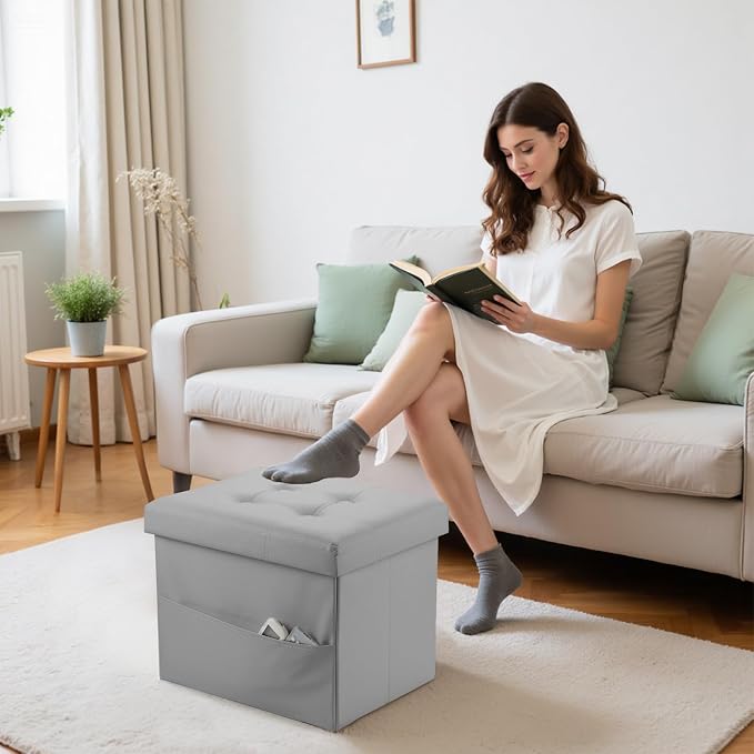 Bsketa Storage Ottoman Bench,16 Inch Folding Leather Foot Rest Stool, Grey | Small Ottoman with Side Pockets, Thicker Foam Padded Seat, Livingroom, Dorm, Bedroom, Easy to install, 38L, 16x12x12in