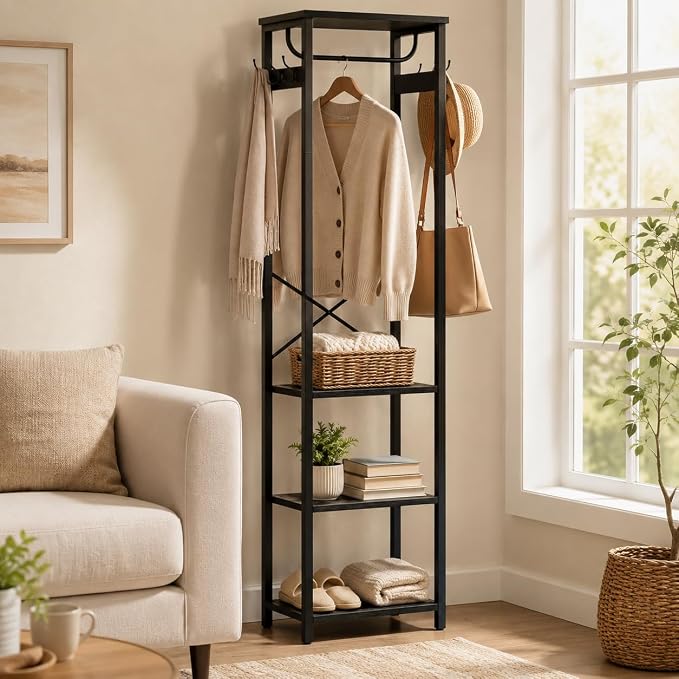 Coat Rack with Hanging Rod, Garment Rack with 3 Wooden Shelves and 4 Hooks, Freestanding Hall Tree, Industrial Clothes Rack Stand Organizer, Black