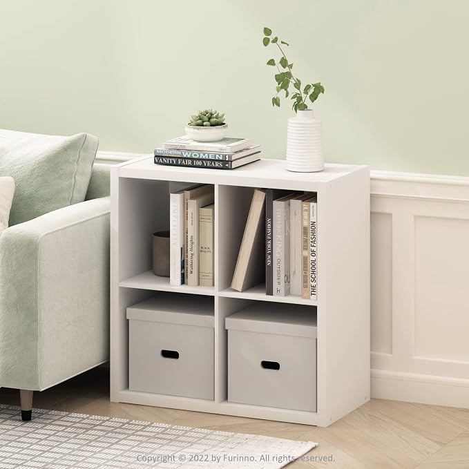 Furinno Cubicle Open Back Decorative Cube Storage Organizer, 4-Cube, White | 14.6" x 30" x 30", Reversible Bookcase with Open Back, for Living Room, Bedroom, Home Office