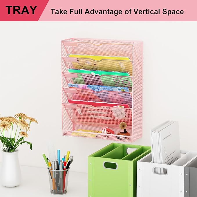 Hanging Wall File Organizer 6 Tier Wall Mounted Mail Paper Folder Holder Document Organization Stand, Vertical Desk Magazine Rack for Office Home Cubicle Countertop, Pink