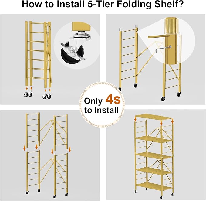 Himix 5-Tier Storage Shelf with Wheels Foldable Expandable Adjustable Gold