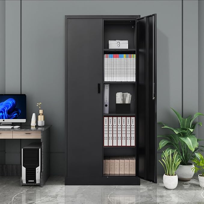 CJF 71" H Metal Storage Cabinet, Locking Cabinet with 2 Doors and 5 Adjustable Shelves, Black Tall Cabinet for Garage, Home, Office, Pantry, Workshop, School