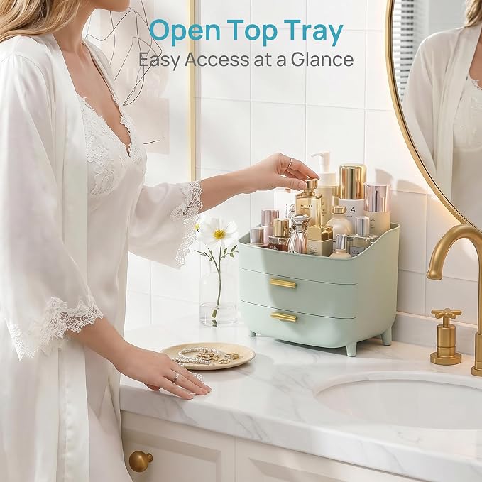 Vtopmart 3-Tier Skincare Makeup Organizer with Drawers, Green | For Vanity and Bathroom Countertop, with Drawers, Large Cosmetic Storage Box Case, , Non-Slip Base