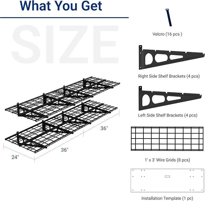 FLEXIMOUNTS 2-Pack 2x6ft Garage Shelving with Hooks, 1400lbs Load, Black | 24"x72" Wall Shelf Garage Storage Rack Floating Shelves for Garage Workshop, Rustproof Seamless Grid Design, Classic Series