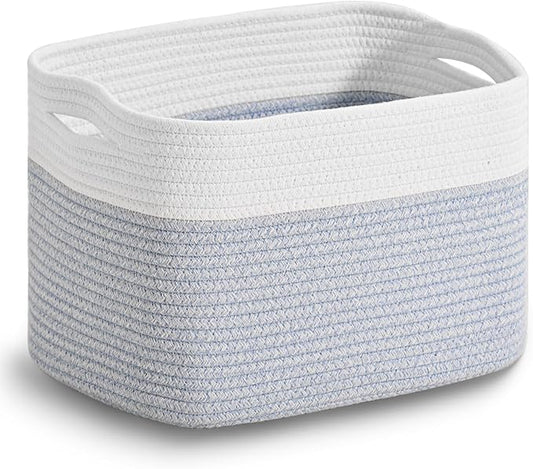 ICERZCZ Woven Cotton Rope Storage Basket for Organizing, Cute Decorative Baskets for Gifts Empty, Organizer Bins for Dog Toy, Baby Laundry, 15“×11”×9.5“, Off White & Blue