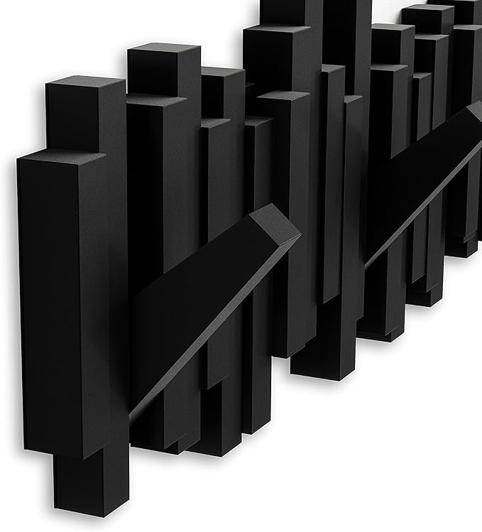 Umbra Sticks Wall Mount Coat Rack, 5 Hook Retractable Pegs, Black | Mounting hardware included, sculptural modern design, entryway or bedroom use, recycled plastic