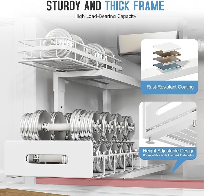 Under Sink Organizer Upgrade To Professional Rails,2-Tier Dual Pull Out Cabinet Storage,Height Adjustable Slide Out Drawers For Bathroom Kitchen,2 Pack-16.7"Dx12.8"-16.9"H,White