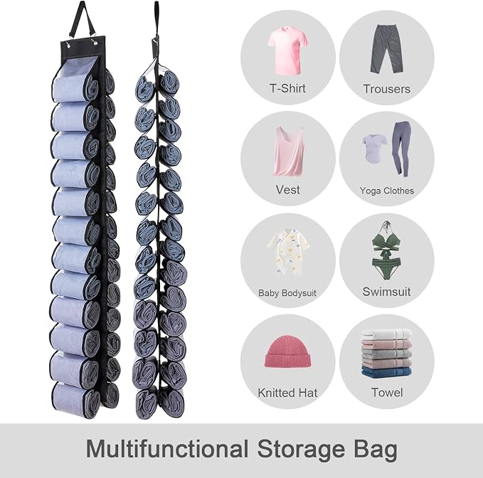 DHSFKBE Legging Organizer Storage - 2PCS T Shirt Organizer, Hanging Closet Organizers and Storage with 26 Roll Independent Compartments for Yoga Pants, Towel, Bathing Suit (Black)