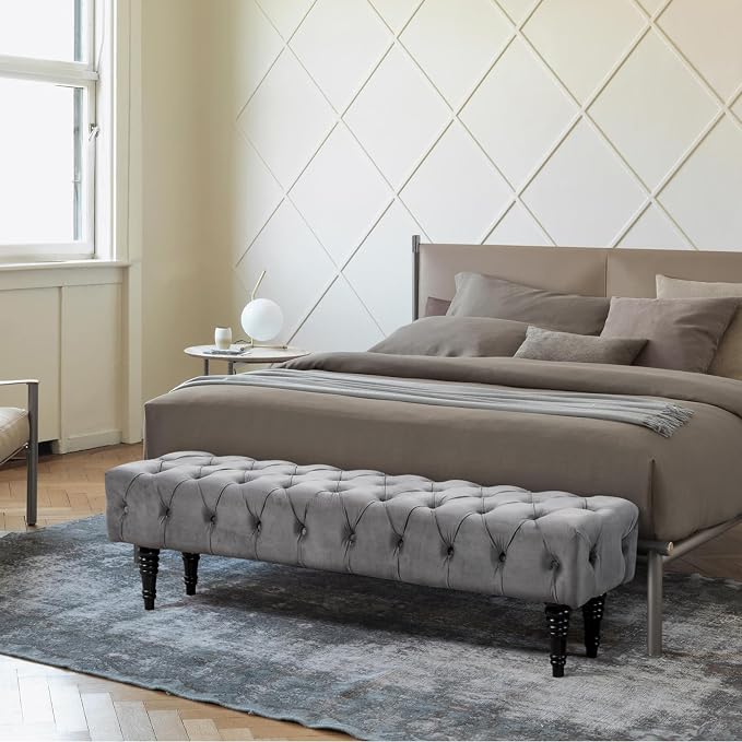 60" Accent Bench, Upholstered Tufted Ottoman Bench French Vintage Entryway Bench Corduroy Padded Benches for Entryway, Dining Room, Foyer, Living Room, Bedroom, Grey