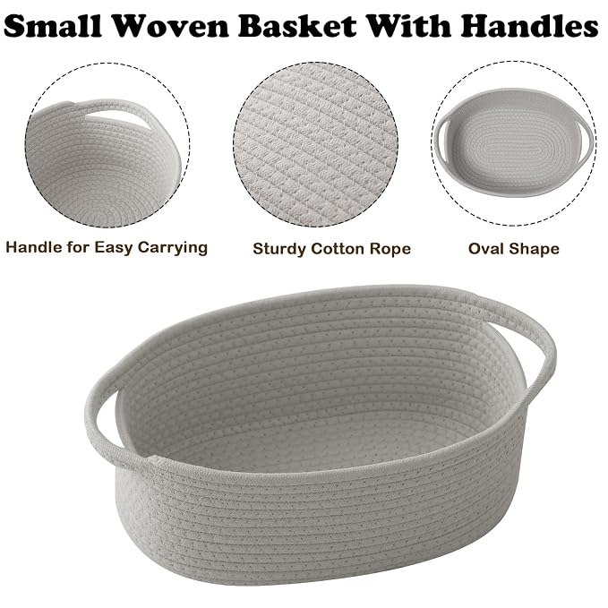 2 Pack White Small Woven Rope Basket with Handles | Empty Gifts Basket with Bag and Ribbons, Cute Handle Organizer Box, Birthday/Baby Shower, Toy Storage
