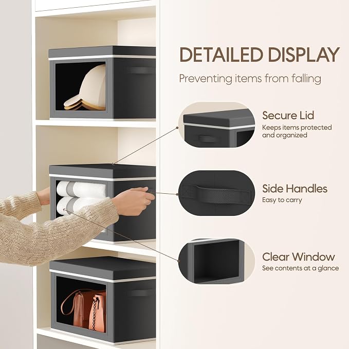 Homsorout Storage Bins with Lids - Small Fabric Organizers with Window, Collapsible Storage Bins for Clothes, Decorative Closet Organizers for Towels, Tshirt, 4 Pack, Dark Grey