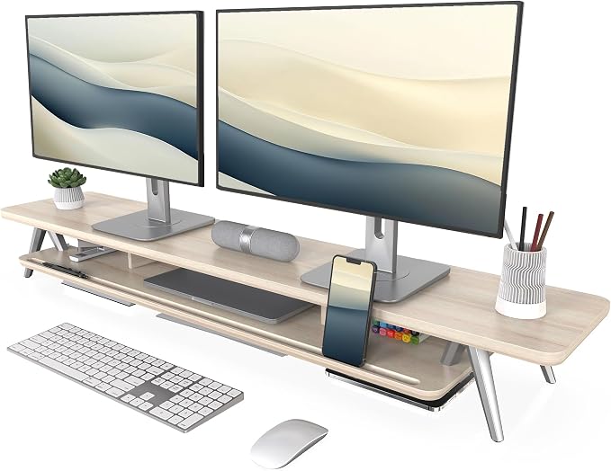 Fenge Dual Monitor Stand Riser, Wooden Desk Shelf with 2-Tier Storage | 47.2-Inch Extra Wide, Sturdy Aluminum Legs, Built-In Phone & Tablet Slot, Desktop Organizer for Office Accessories