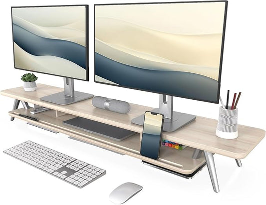Fenge Dual Monitor Stand Riser, Wooden Desk Shelf with 2-Tier Storage | 47.2-Inch Extra Wide, Sturdy Aluminum Legs, Built-In Phone & Tablet Slot, Desktop Organizer for Office Accessories