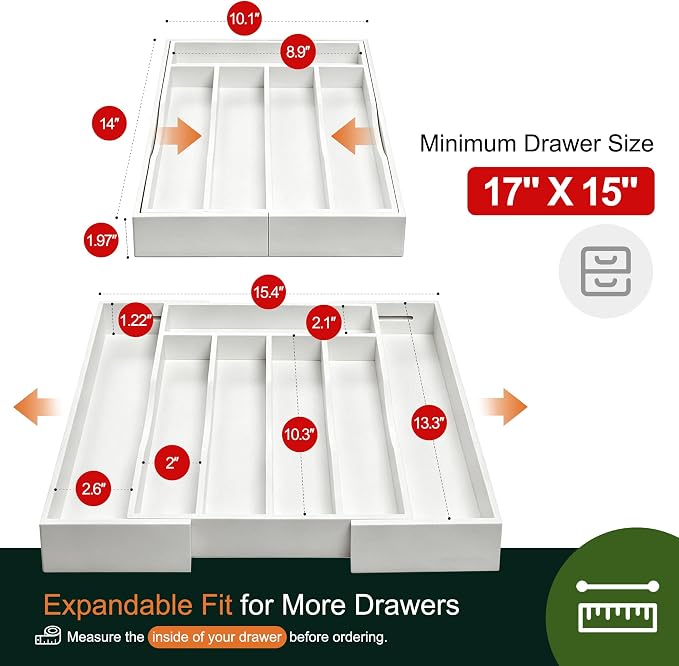2-Piece Expandable Bamboo Kitchen Drawer Organizer for Cutlery and Utensils, Adjustable Bamboo Wood Cutlery Tray in Drawer for Flatware and Silverware in Kitchen, (White)