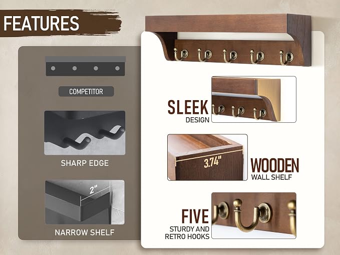 Rebee Vision Key Holder Wall Mount with 5 Hooks for Entryway, Retro Brown | Display Shelf for Plant & Letters, Key Shelf for Hats, Dog Leashes, Mail Organizer, Decorative Entryway & Living Room