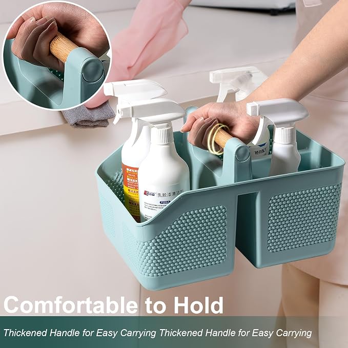 Plastic Shower Caddy Portable Shower Basket with Bamboo Handle, Blue | Cleaning Caddy Organizer Storage Tote for Bathroom, College Dorm Essentials, Bath Toy Storage