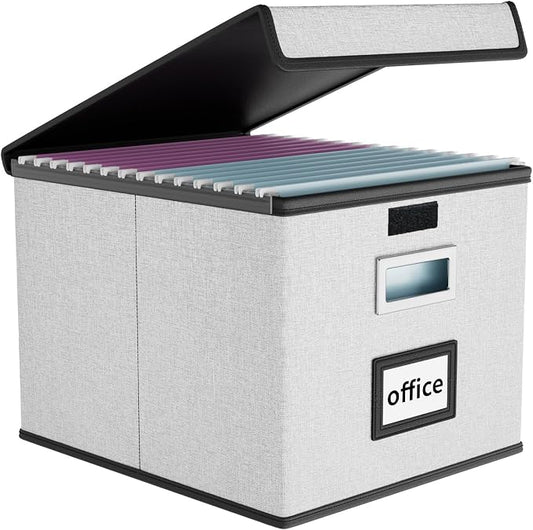 File Organizer Box with Lids, Collapsible File Folder Organizer | File Box with Plastic Slides for Document, Filing Bin for Letter Size Hanging File Folders (1 Pack, Light Gray)