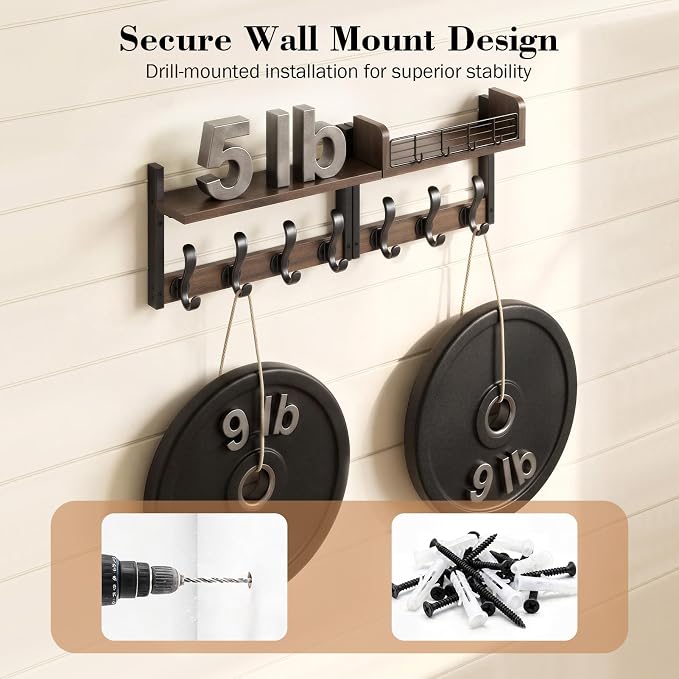 Delamu 29" Large Coat Rack Wall Mount with Shelf, 4 in 1 Shelf with 11 Hooks, Wooden Key and Mail Holder for Wall for Entryway, Living Room and Bedroom, Brown