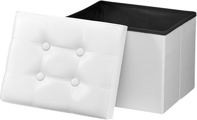 Bsketa Storage Ottoman Bench,17 Inch Folding Leather Foot Rest Stool,White | Ottoman with Storage, Thicker Foam Padded Seat, Living Room, Dorm, Bedroom, Load 330 lbs,Easy to install,17x13x13in