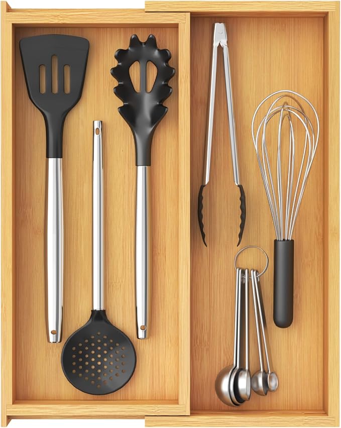Lifewit Utensil Organizer for Kitchen Drawer, Expandable Cooking Utensil Tray, Cutlery Silverware Flatware Holder, Wood Adjustable Spatula Tools Storage Divider, 7-12 x 15.75", Natural
