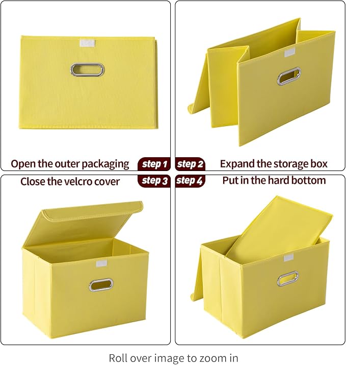 STOREONE Fabric Storage Cube Bins Foldable Organizer Container Collapsible Basket with Lids and Metal Handles, for Home, Bedroom, Closet 3 Pcs (multicolour-yellow)