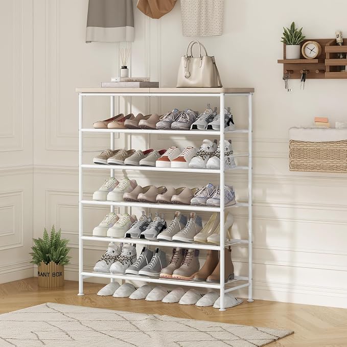 SUOERNUO 6 Tier Shoe Rack Organizer for Closet Shoe Storage for Entryway | Free Standing with MDF Top Board,Sturdy Metal Frame,Ideal for Living Room,Hallway White