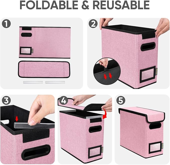 BALEINE File Organizer Box with Lid, Collapsible File Folder Organizer with Plastic Slide, Hanging File Folder Box for Office Document Storage (1 Pack, Pink, S)