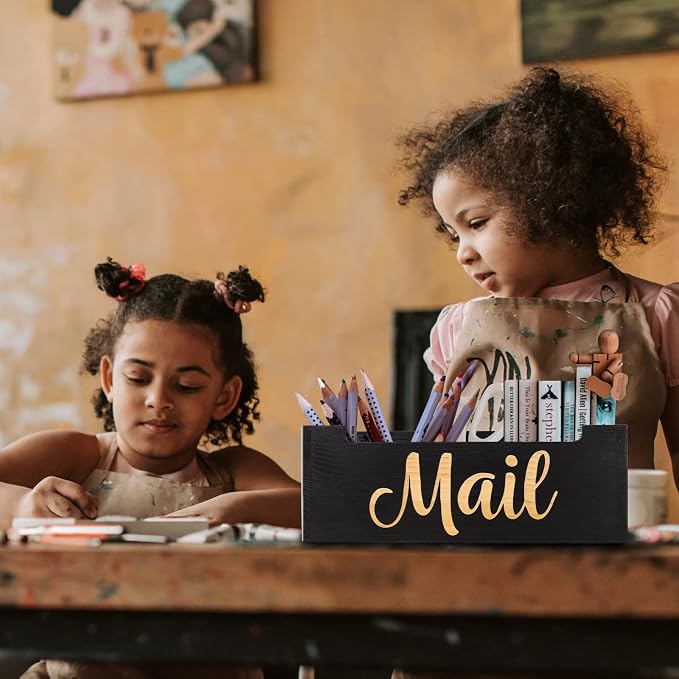 Wooden Mail Organizer Countertop | Farmhouse Black Mail Holder for Wall | Rustic Desk Mail Sorter Basket Letter Holder for Home Office Entryway Decor