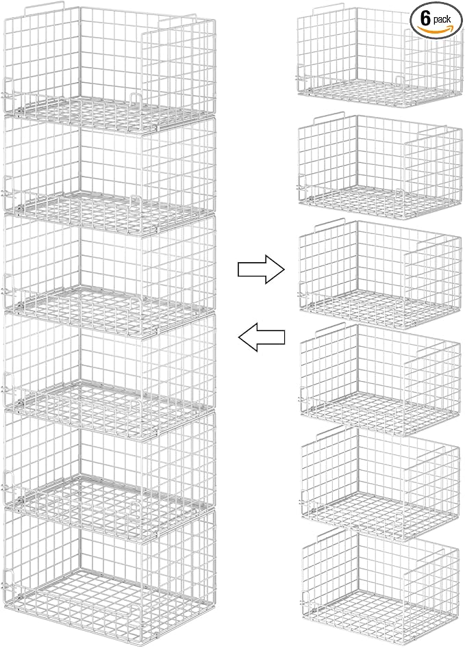6-Tier Stackable Closet Organizers and Storage Basket - Foldable Closet Shelf Organizer System, Sturdy Metal Space-Saving Clothes Storage Bins for Wardrobe, White