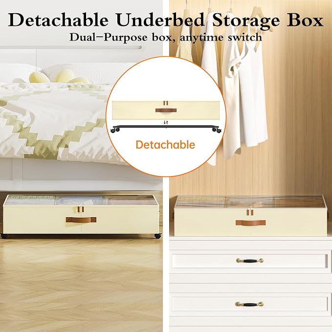 Yecaye Under Bed Storage with Wheels, 4 Pack Under Bed Storage Containers with Adjustable Dividers & Clear Window, Rolling Underbed Organizer Bins Drawers for Clothes, Shoes, Blankets, Beige