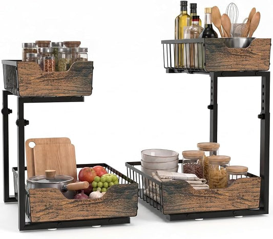 Pull Out Cabinet Organizer 2 Tier Metal Under Sink Organier | Shelf 5 Adjustable Height, Wood Handle, Anti Topple Over, Sturdy Slide out Storage Rack for Bathroom Kitchen Home Pantry