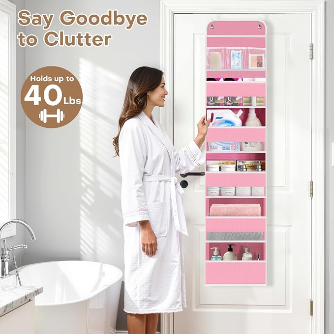 Over the Door Organizer, Large Pocket Hanging Storage with 40lb Capacity | Space Saving Door Storage for Nursery, Bathroom, Bedroom and Closet, Baby Essentials and Toiletry Organizer, Pink
