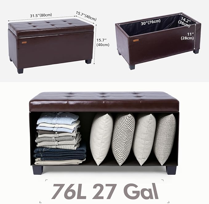 ABHENG Storage Ottoman Bench Steel Frame Synthetic Leather Cover with Legs, 31.5”W x 15.7”D x 15.7”H, end of Bed Storage Bench Chest Hold up to 770 LB Living Room Bedroom Brown UASND71R