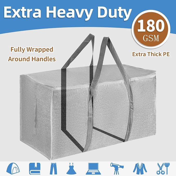 12 Pack-Extra Large Heavy Duty Moving Bags - Waterproof Storage Totes with Handles & Zippers, Foldable for College Dorm, Storage (Gray)
