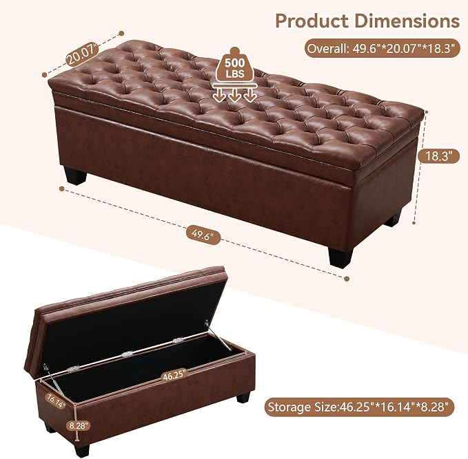 WUTUTUEE 50" Faux Leather Storage Ottoman Bench, Upholstered Rectangle End of Bed Storage Ottoman Tufted Living Room Bedroom Bench with Safety Hinge, Solid Wood Legs, Loads 500 lb(Brown)