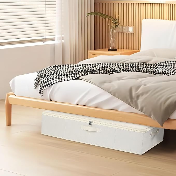 Underbed Storage Organizers,Beige,1 Pack,23.6x11.8x5.9 Inch | Under Bed Storage Container with Lids,Fabric Boxes,Drawer Organizer Bags,Foldable Baskets for Bedroom