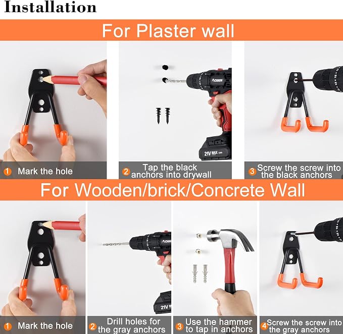 AOBEN 24PCS Garage Hooks, Heavy Duty Double Garage Hanger Organizer Wall Mount Iron Anti-Slip Garage Storage Hooks for Ladder, Power Tool,Bike,Ropes（23 Hooks & 1 hoder Strap-Black