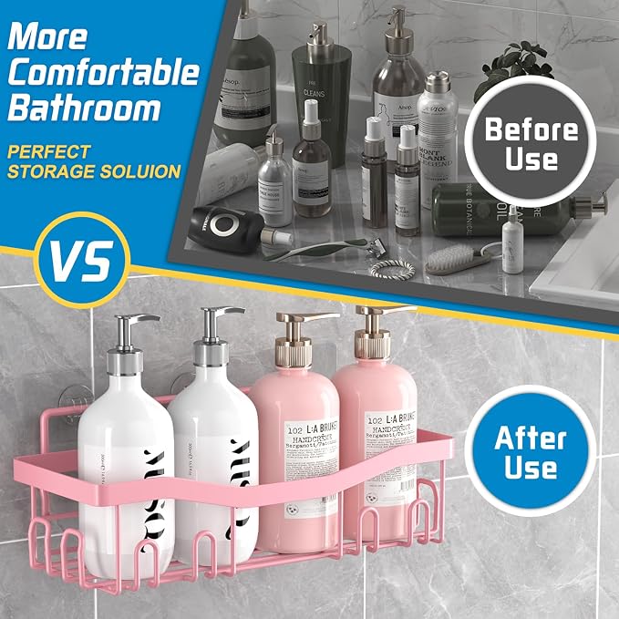 Youvip Adhesive Shower Caddy, No Drilling Bath Organizers 5 Pack, Rustproof Shelves with Soap Holder & Toothbrush Holder, Pink Bathroom Accessories Decor Set