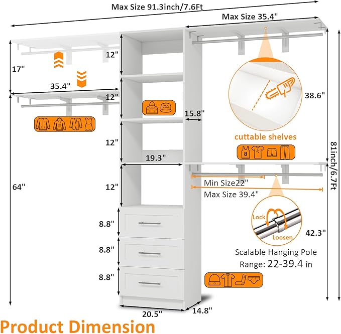 Closet System with Drawers, 5FT-8FT Closet Organizer System with Shelves & Expandable Hanging Rods, Walk in Storage Closet System Wood, White