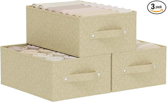 Open Storage Bin with Reinforced Stitching,Yellow,13x9x5.5in,3 Pack | Fabric Storage Baskets with Soft Cloth Handles, Thick PP Panel Wardrobe Containers,Wipeable Drawer Boxes for Closet Shelves