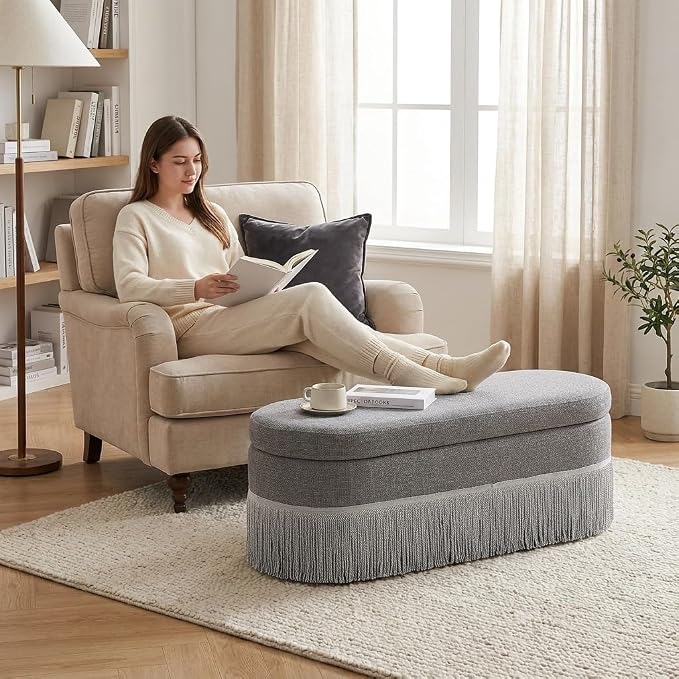 39.4“Storage Ottoman Bench with Tassels, Oval End of Bed Bench for Bedroom | Modern Ottoman with Storage,Linen Upholstered Entryway Foot Rest, Lift-Top Lid with Safety Hinge, Living Room, Grey